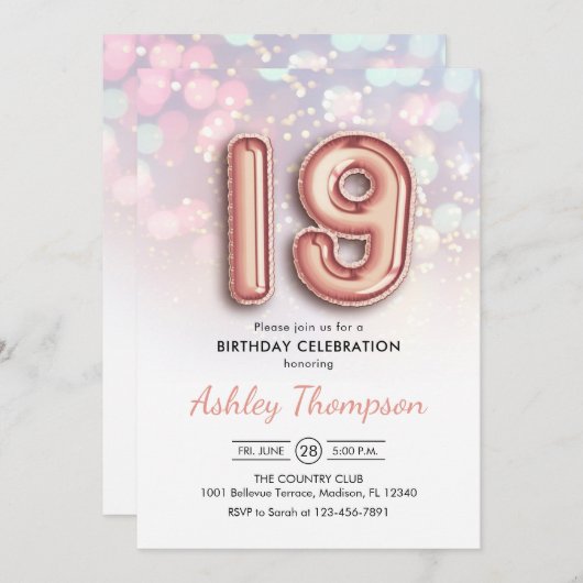 19e Verjaardag - Roos Gouden Ballonnen Roze Lichte Kaart (Voorkant / Achterkant)