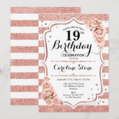 19e Verjaardag - Roos Gouden Witte Strepen Kaart (Voorkant / Achterkant)