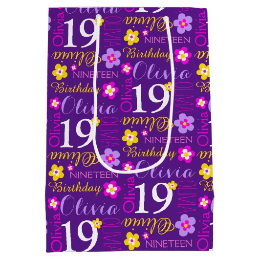 19e Verjaardag roze paarse aangepaste naam geschen Medium Cadeauzakje (Achterkant)