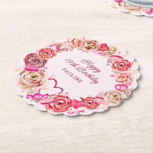 19e verjaardag roze rozen swirly hart kartonnen onderzetters (Gekanteld)