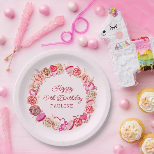 19e verjaardag roze rozen swirly hart papieren bordje (Feest)