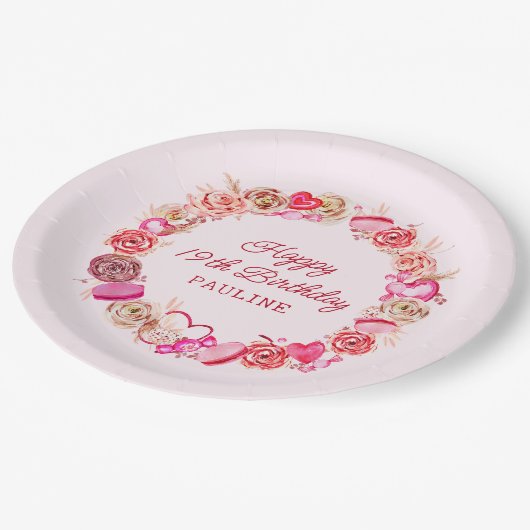 19e verjaardag roze rozen swirly hart papieren bordje (Gekanteld)