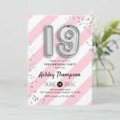 19e verjaardag - roze strepen en zilveren ballonne kaart (Staand voorkant)