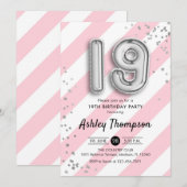 19e verjaardag - roze strepen en zilveren ballonne kaart (Voorkant / Achterkant)