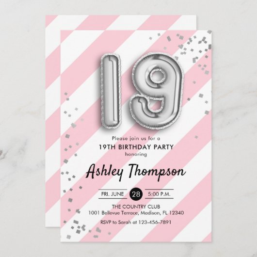 19e verjaardag - roze strepen en zilveren ballonne kaart (Voorkant / Achterkant)