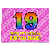 19e verjaardag: Roze strips & harten, regenboognr. Groot Cadeauzakje (Voorkant)