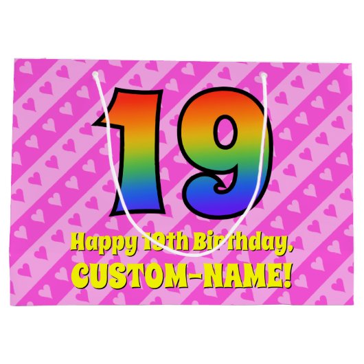 19e verjaardag: Roze strips & harten, regenboognr. Groot Cadeauzakje (Achterkant)