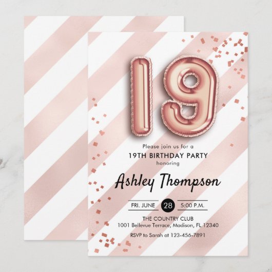 19e verjaardag - Strepen Roos gouden ballonnen Kaart (Voorkant / Achterkant)