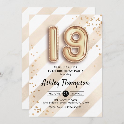 19e verjaardag - Stripes gouden ballonnen Kaart (Voorkant / Achterkant)