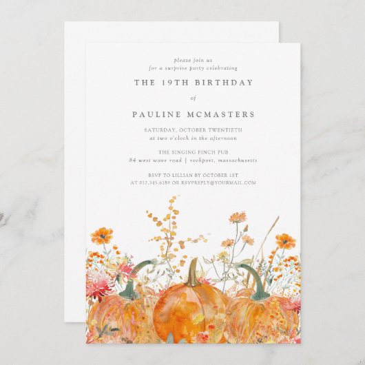 19e Verjaardag Surprise Party Pompoen Wildflower Kaart (Voorkant / Achterkant)