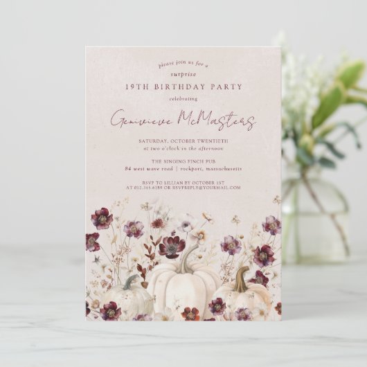 19e Verjaardag Surprise Party Pompoen Wildflower Kaart (Staand voorkant)