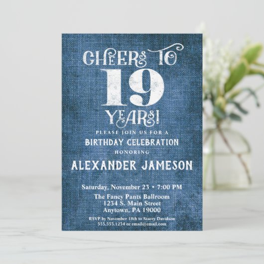 19e verjaardag Uitnodiging Blauwe linen Rustic Che (Staand voorkant)