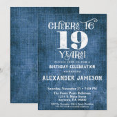 19e verjaardag Uitnodiging Blauwe linen Rustic Che (Voorkant / Achterkant)
