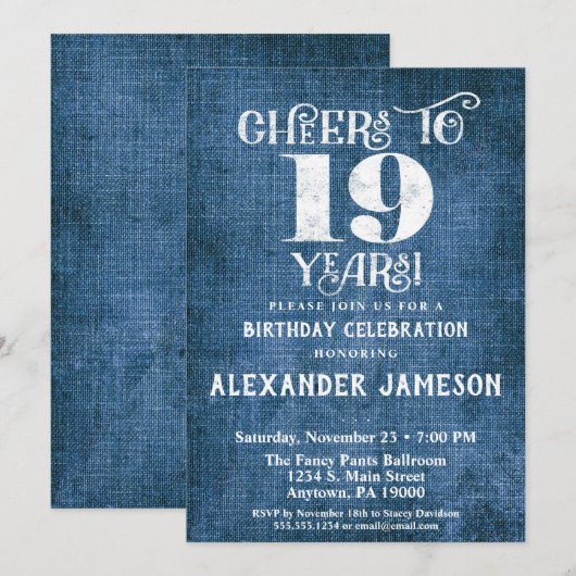 19e verjaardag Uitnodiging Blauwe linen Rustic Che (Voorkant / Achterkant)
