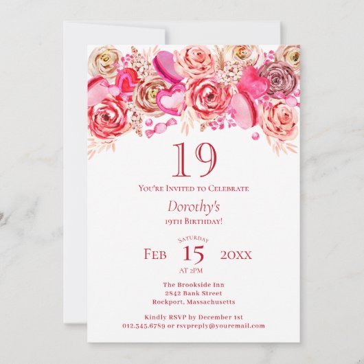 19e Verjaardag Valentijn Roze Rose Swirly Heart Kaart (Voorkant)