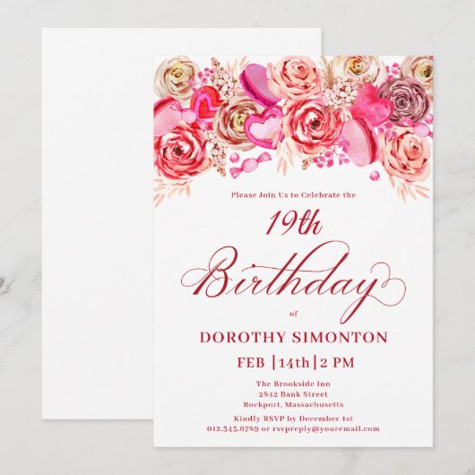 19e Verjaardag Valentijn Roze Rose Swirly Heart Kaart (Voorkant / Achterkant)