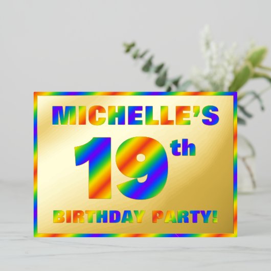 19e verjaardag van de geboorte - Fun, regenboogspe Folie Uitnodiging (Staand Voorkant)