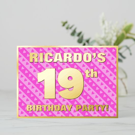 19e verjaardag van de opstand - vuurroze harten en folie uitnodiging (Staand Voorkant)