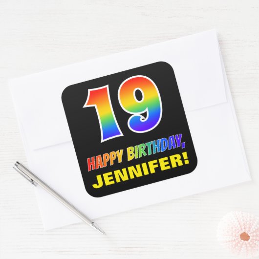 19e verjaardag: Vet, Leuk, Eenvoudig, Regenboog 19 Vierkante Sticker (Envelop)