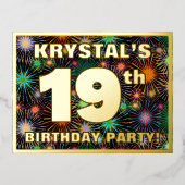 19e verjaardag: Vette, kleurrijke Fireworks-look Folie Uitnodiging Briefkaart (Voorkant)