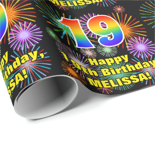 19e verjaardag: vuurwerk, regenboogblik # "19" cadeaupapier (Rol Hoek)