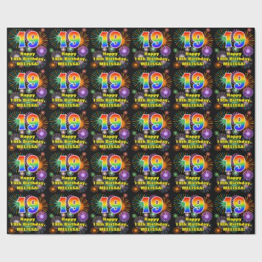 19e verjaardag: vuurwerk, regenboogblik # "19" cadeaupapier (Zoom)