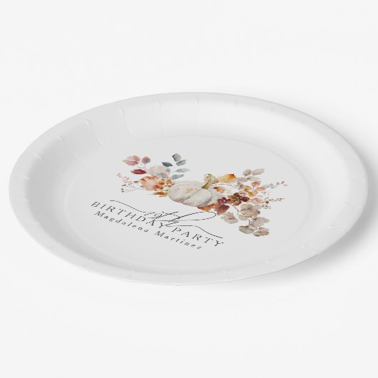 19e Verjaardag Witte Pompoen Herfst Bloemen Custom Papieren Bordje (Gekanteld)