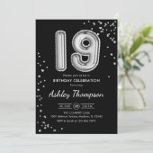 19e verjaardag - zilveren ballonnen zwart kaart (Staand voorkant)