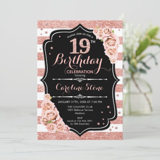 19e verjaardag zwart Roos Gold en witte strepen Kaart (Staand voorkant)