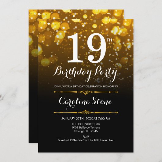 19e verjaardag - Zwart Wit Goud Kaart (Voorkant / Achterkant)