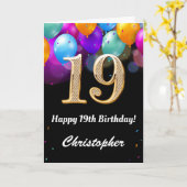 19e verjaardag zwarte en goudkleurige ballonnen kaart (Gele Bloem)