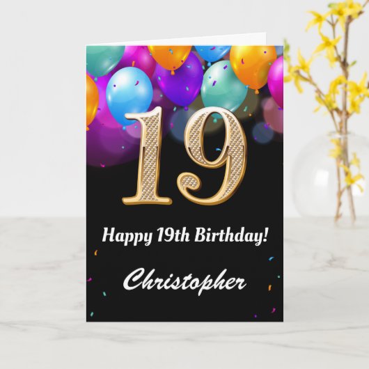 19e verjaardag zwarte en goudkleurige ballonnen kaart (Gele Bloem)