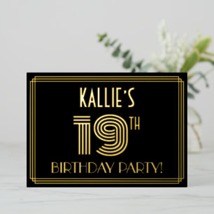 19e Verjaardagsfeest — Art Deco stijl “19” + Naam Folie Uitnodiging