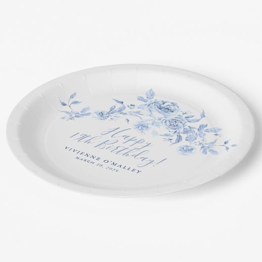 19e Verjaardagsfeest Blauw Roos Bloemen Custom Papieren Bordje (Gekanteld)