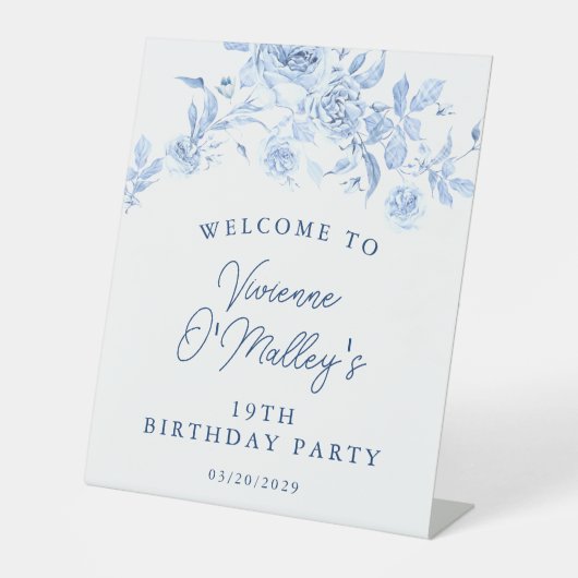19e Verjaardagsfeest Blauw Roos Bloemen Welkom Reclamebord Met Voetstuk (Voorkant)