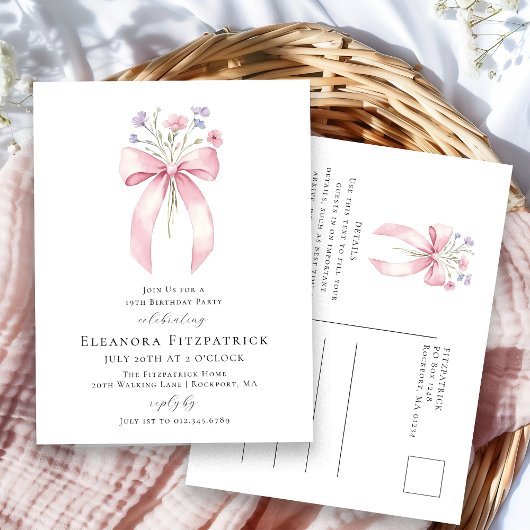 19e Verjaardagsfeest Blush Pink Bow Wildflower Uitnodiging Briefkaart