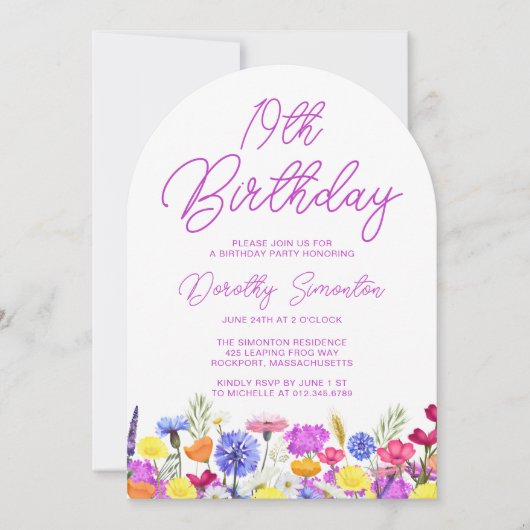 19e Verjaardagsfeest Boho Paarse Wildflower Arch Kaart (Voorkant)
