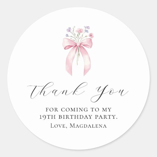 19e verjaardagsfeest Bow Custom Bedankt Favoriet Ronde Sticker (Voorkant)