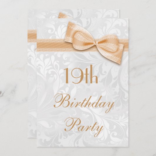 19e verjaardagsfeest Damask en Faux Bow Kaart (Voorkant / Achterkant)