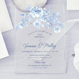 19e Verjaardagsfeest Dusty Blue Floral Acryl Uitnodigingen