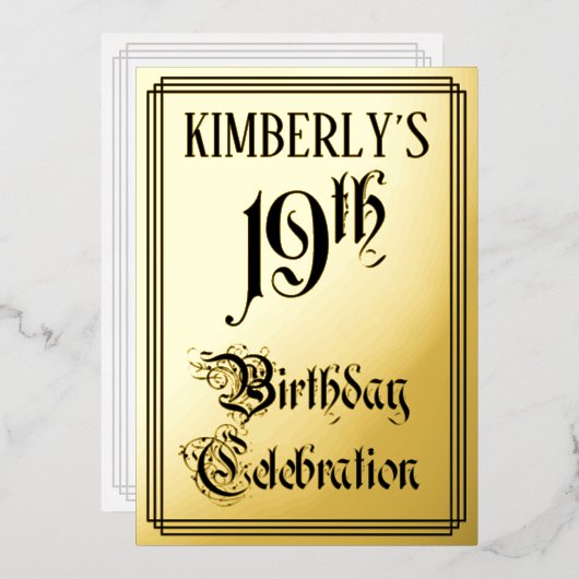 19e Verjaardagsfeest — Elegante Script + Aangepast Folie Uitnodiging (Voorkant / Achterkant)