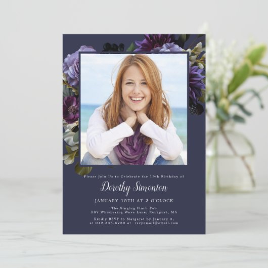 19e Verjaardagsfeest Foto Moody Paarse Bloemen Kaart (Staand voorkant)