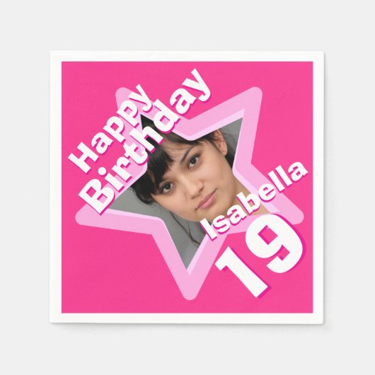 19e Verjaardagsfeest foto ster hete roze servetten (Voorkant)
