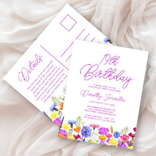 19e verjaardagsfeest Paarse wilde bloemen betaalba Uitnodiging Briefkaart
