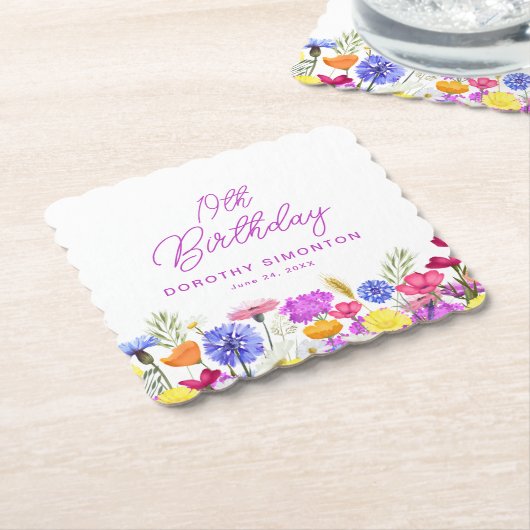 19e verjaardagsfeest Paarse Wildflower Custom Kartonnen Onderzetters (Gebogen)