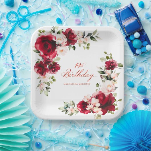 19e Verjaardagsfeest Rood Roze Bloemen Custom Papieren Bordje (Feest)