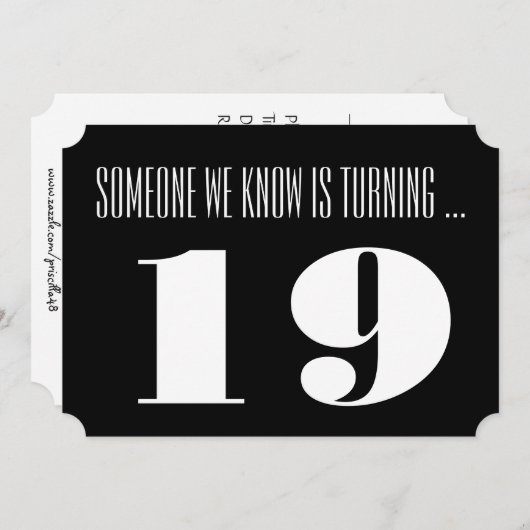 19e verjaardagsfeest Uitgenodigd, zwart en wit. Kaart (Voorkant / Achterkant)