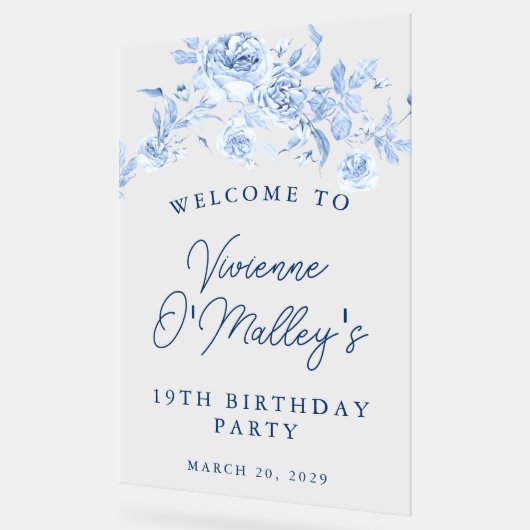 19e Verjaardagsfeest Welkom Blauw Roos Bloemen Acryl Bord (Hoek)