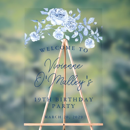 19e Verjaardagsfeest Welkom Blauw Roos Bloemen Acryl Bord (Neutraal)