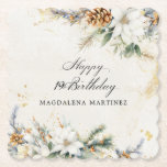 19e Verjaardagsfeest Witte Winter Bloemen Custom Kartonnen Onderzetters<br><div class="desc">Elegante winterwitte bloemen zijn genesteld in dennengroen en pinecones. De zachte ivoorwitte waterverf wasachtergrond is geaccentueerd met gouden vlekken om een verfijnde en chique esthetiek te creëer.</div>
